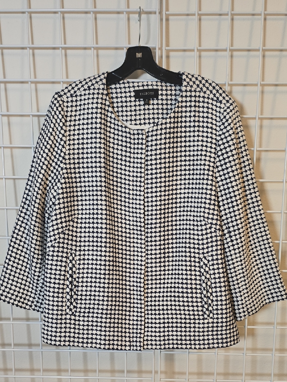 Talbots Navy and White Houndstooth Collarless Zip Up Blazer Jacket Size 16